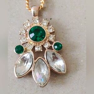 Elegant Green Glass Pendant Necklace with Crystal Accents 20"